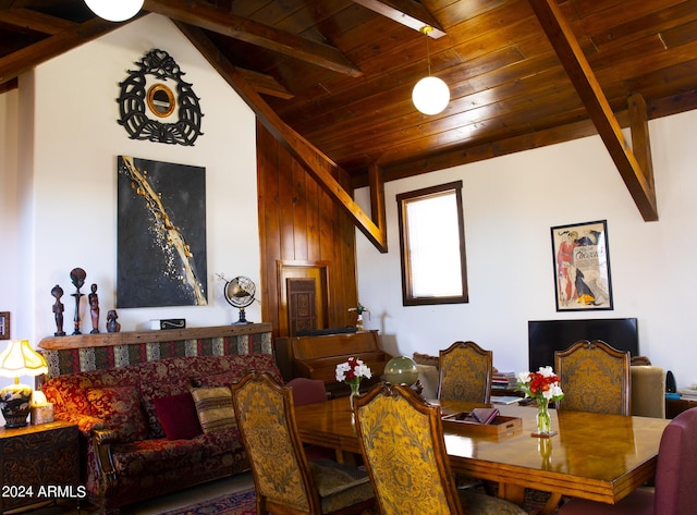 601 N Berry Ave, Winslow, AZ 86047 - dining room with wood ceiling, wood walls, and vaulted ceiling with beams