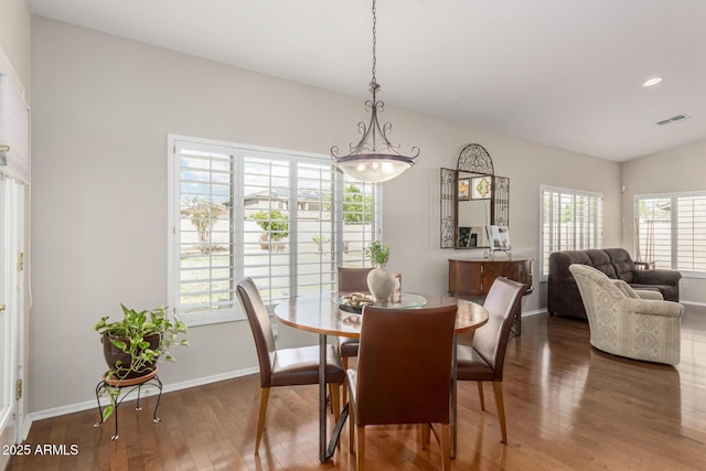 dining area featuring recessed lighting, visible vents, baseboards, and wood finished floors