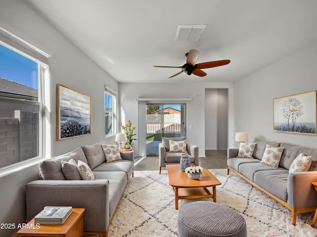 living room featuring ceiling fan