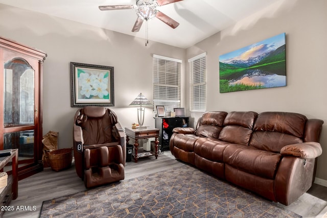 living room with hardwood / wood-style flooring and ceiling fan