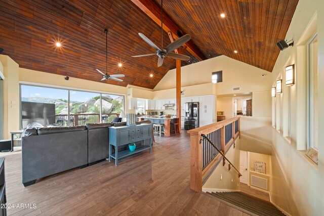 living room featuring hardwood / wood-style flooring, wooden ceiling, and high vaulted ceiling