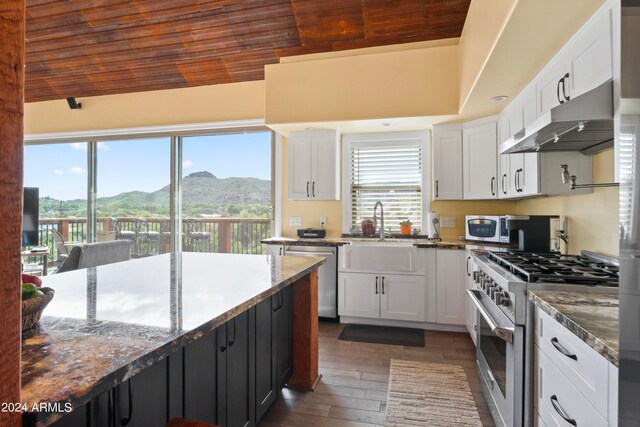 kitchen featuring white cabinetry, stainless steel appliances, sink, and dark stone countertops