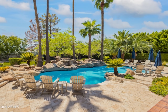 view of swimming pool featuring a patio area