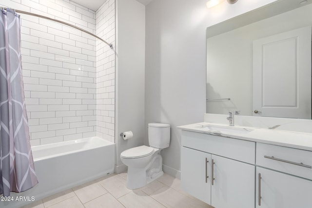 full bathroom with vanity, toilet, shower / bathtub combination with curtain, and tile patterned flooring