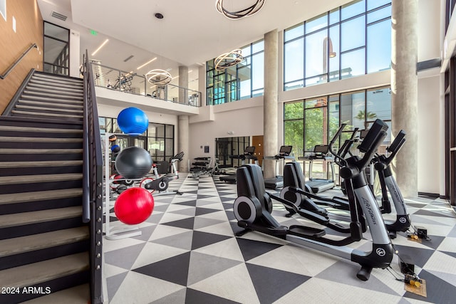 workout area featuring a high ceiling