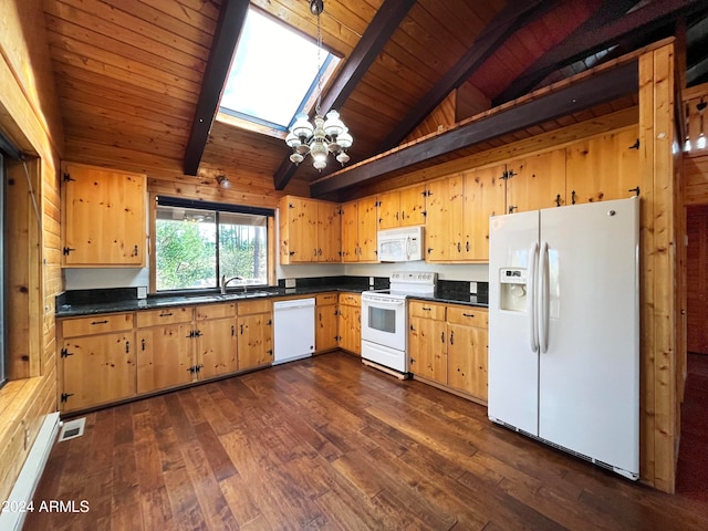 kitchen featuring dark hardwood / wood-style floors, wooden walls, wooden ceiling, vaulted ceiling with skylight, and white appliances