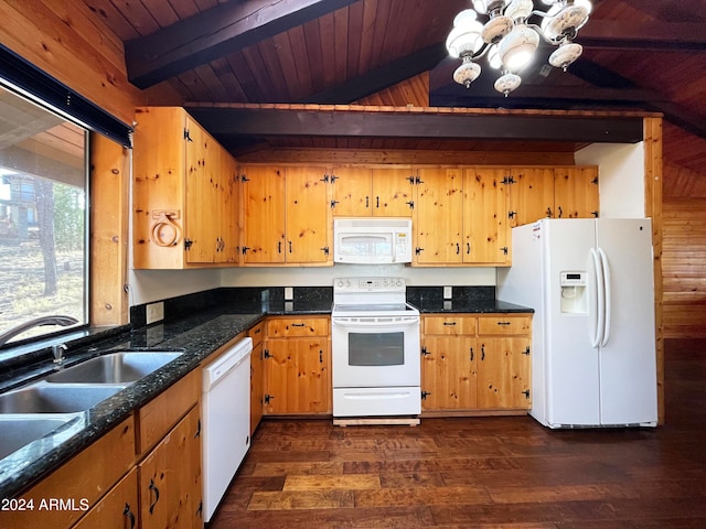 kitchen featuring vaulted ceiling with beams, wood ceiling, dark hardwood / wood-style floors, sink, and white appliances