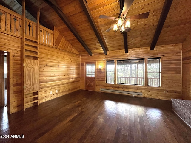 unfurnished living room featuring wood walls, lofted ceiling with beams, ceiling fan, baseboard heating, and dark hardwood / wood-style floors