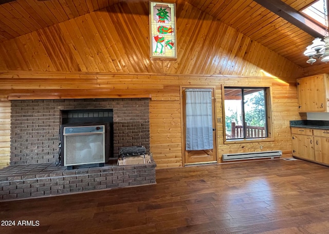 unfurnished living room with a baseboard radiator, wood ceiling, dark hardwood / wood-style flooring, vaulted ceiling with skylight, and wooden walls