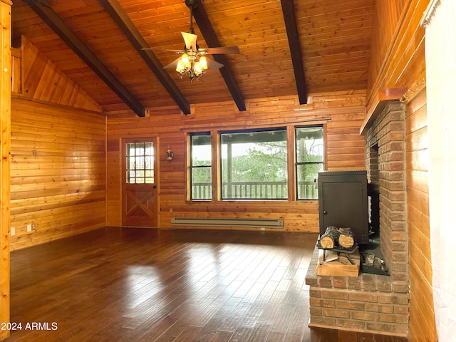 unfurnished living room with a baseboard radiator, ceiling fan, wooden ceiling, wooden walls, and dark hardwood / wood-style floors