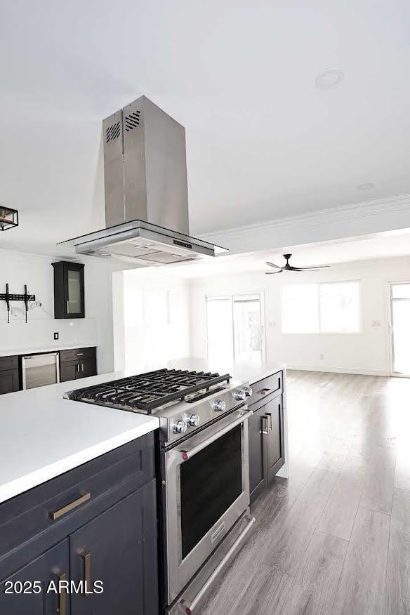 kitchen with island exhaust hood, ceiling fan, stainless steel range, and crown molding