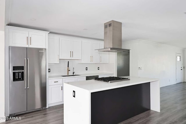 kitchen with sink, white cabinetry, a center island, island exhaust hood, and stainless steel appliances