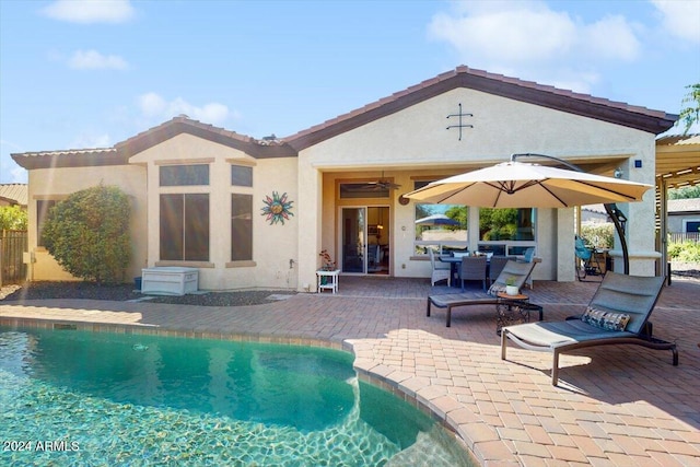 view of pool featuring a patio and ceiling fan