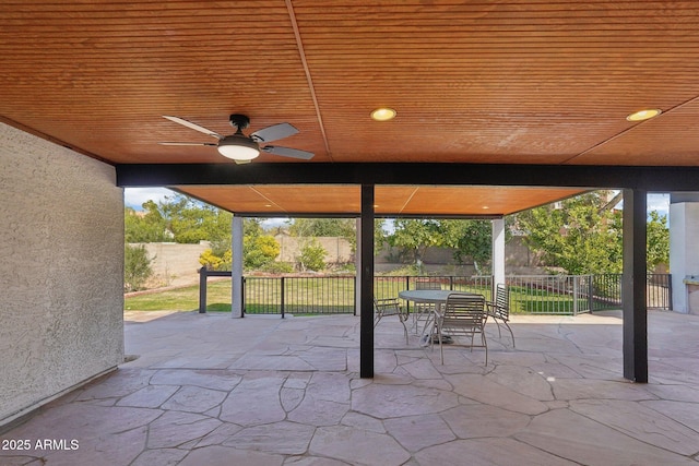 view of patio / terrace with outdoor dining space, a fenced backyard, and ceiling fan