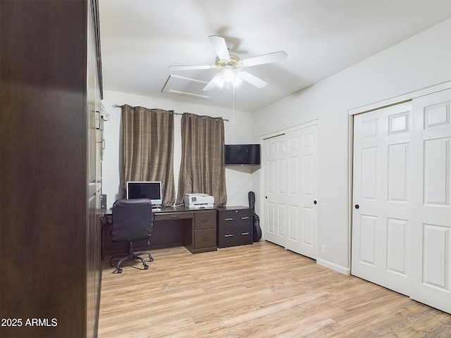 office featuring ceiling fan and light hardwood / wood-style floors