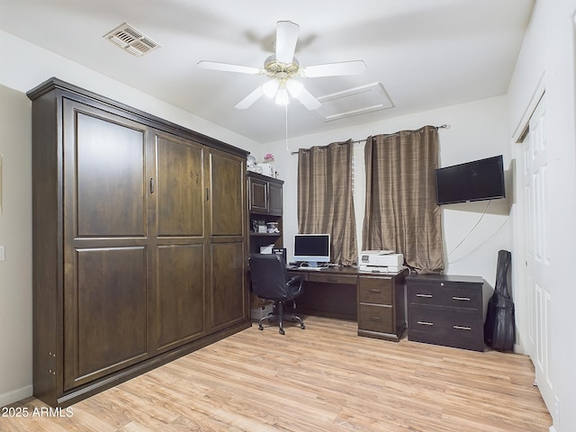 home office with ceiling fan and light wood-type flooring