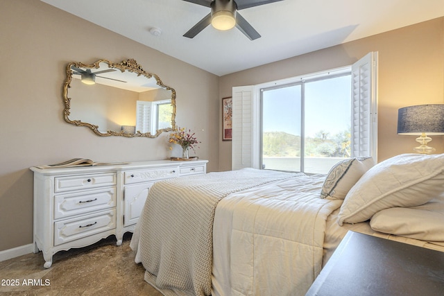 carpeted bedroom with access to exterior and ceiling fan