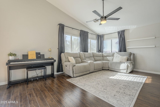 living room with ceiling fan, lofted ceiling, and dark hardwood / wood-style floors