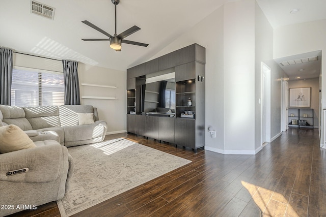 living room featuring high vaulted ceiling, dark hardwood / wood-style flooring, and ceiling fan