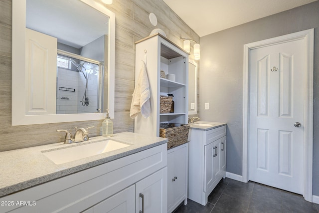 bathroom with vanity, tile patterned floors, and a shower with shower door