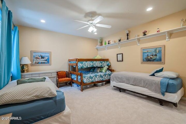 carpeted bedroom featuring a ceiling fan and recessed lighting