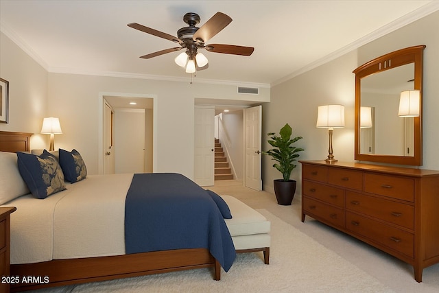 2313 S Grandview Ave, Tempe, AZ 85282 - bedroom featuring crown molding, light colored carpet, and a ceiling fan