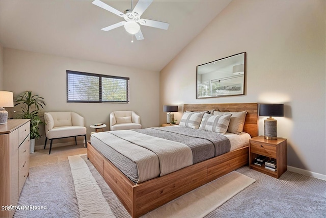 2313 S Grandview Ave, Tempe, AZ 85282 - bedroom featuring light carpet, vaulted ceiling, baseboards, and a ceiling fan