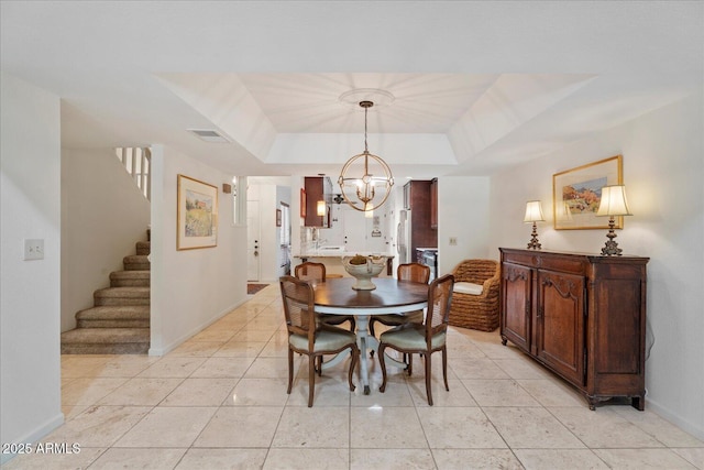 2313 S Grandview Ave, Tempe, AZ 85282 - dining room featuring stairway, a chandelier, baseboards, a raised ceiling, and light tile patterned floors