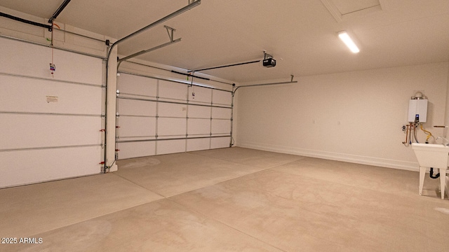 garage featuring a garage door opener and water heater