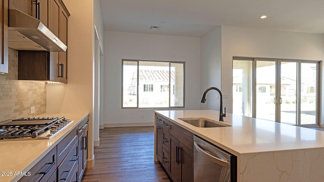 kitchen with under cabinet range hood, stainless steel appliances, a wealth of natural light, and a sink