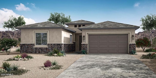 view of front facade with stone siding, driveway, an attached garage, and stucco siding