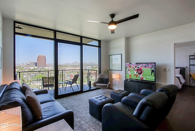 200 W Portland St Unit 1024, Phoenix, AZ 85003 - living area featuring a wall of windows, ceiling fan, and wood finished floors