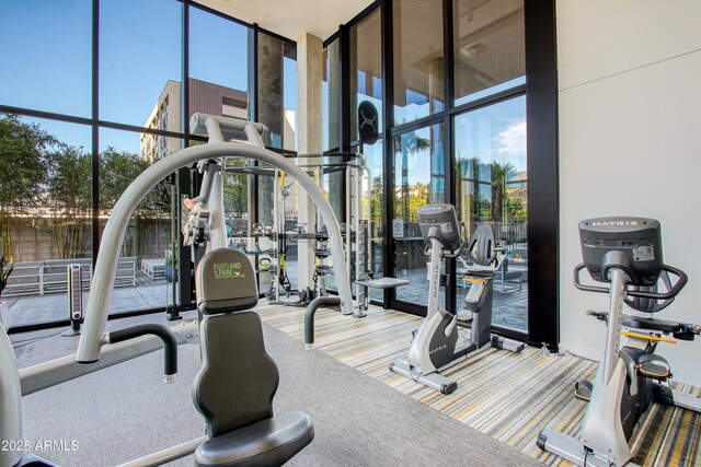 200 W Portland St Unit 1024, Phoenix, AZ 85003 - workout area with a wall of windows, plenty of natural light, a towering ceiling, and wood finished floors