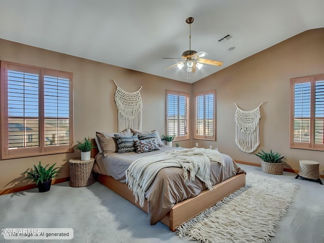 bedroom with baseboards, lofted ceiling, visible vents, and carpet