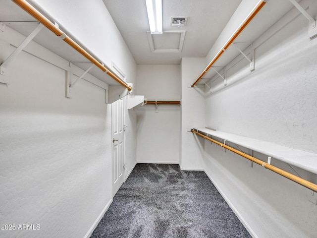 spacious closet featuring attic access, dark carpet, and visible vents
