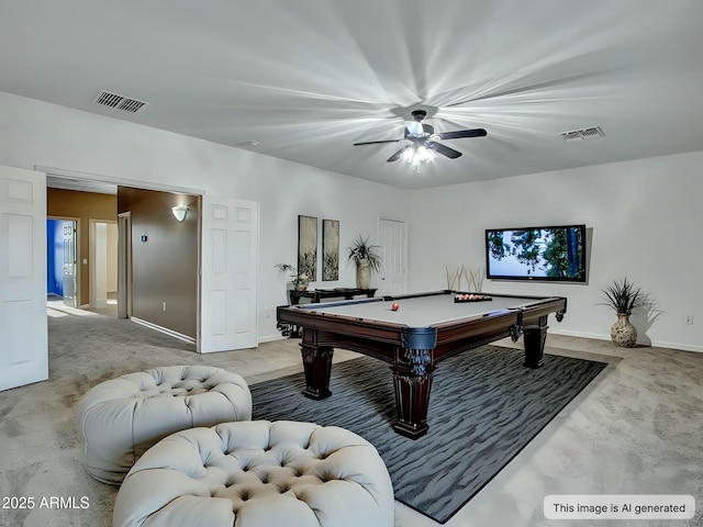 playroom with pool table, ceiling fan, visible vents, and carpet