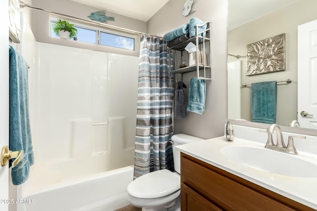 full bathroom with toilet, vanity, and shower / tub combo with curtain