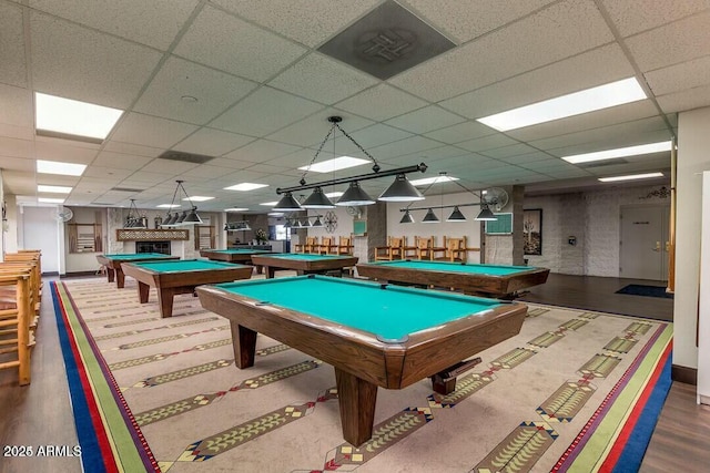 recreation room with a paneled ceiling and pool table