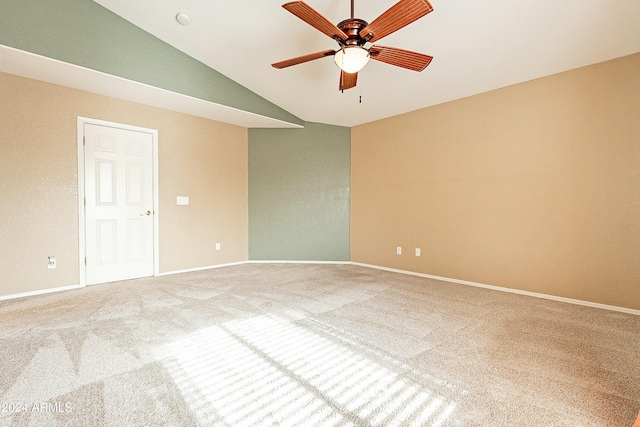 unfurnished room with carpet flooring, ceiling fan, and lofted ceiling