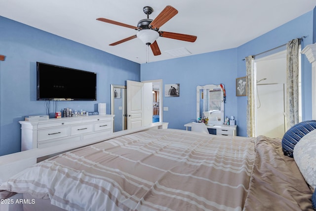 bedroom featuring visible vents and ceiling fan