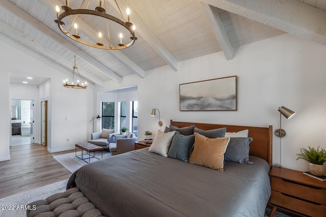 bedroom with wood ceiling, wood finished floors, lofted ceiling with beams, and an inviting chandelier