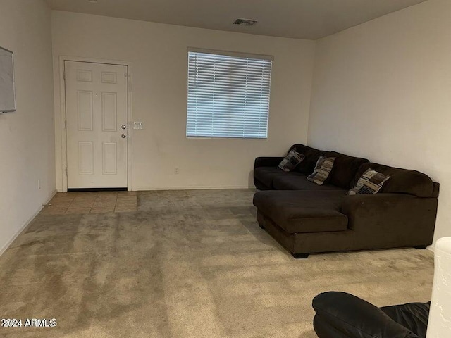 living room featuring light carpet