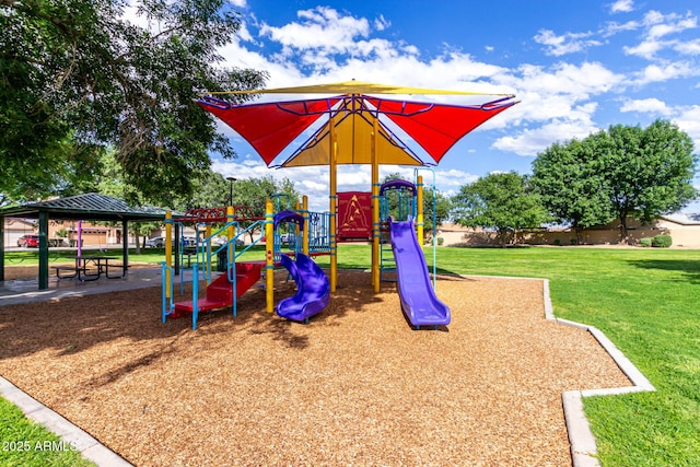 communal playground featuring a gazebo and a yard