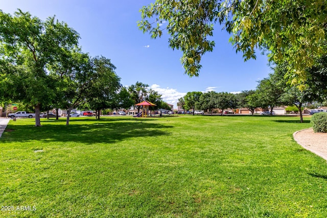 view of property's community with playground community and a yard