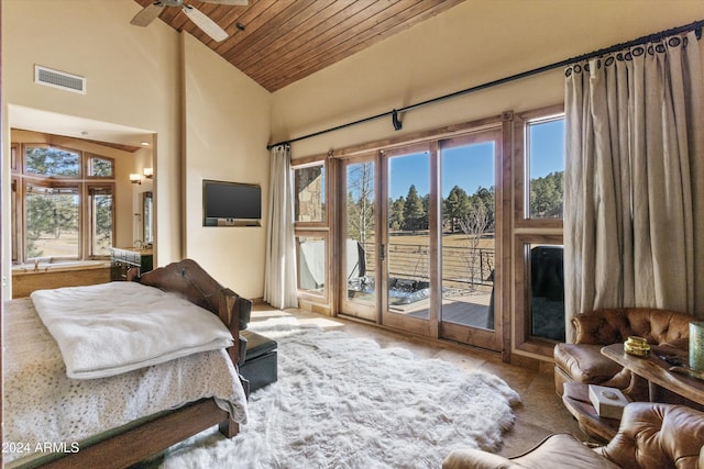 bedroom featuring wood ceiling, access to outside, ceiling fan, high vaulted ceiling, and carpet floors