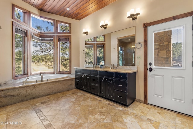 bathroom with vanity, wood ceiling, and plus walk in shower