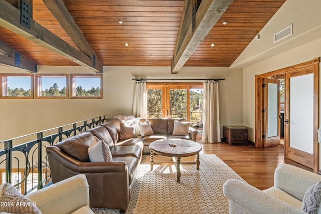 living room with vaulted ceiling with beams, french doors, wooden ceiling, and light wood-type flooring