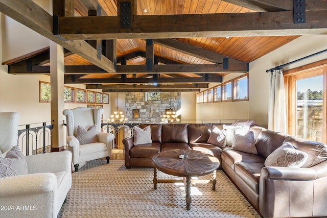 carpeted living room featuring beamed ceiling, high vaulted ceiling, and wood ceiling