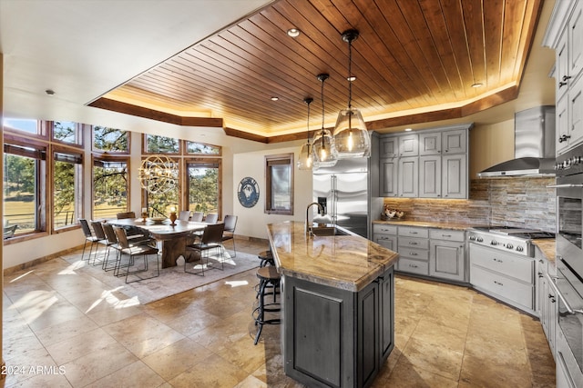 kitchen with a tray ceiling, gray cabinets, a kitchen island with sink, and stainless steel appliances