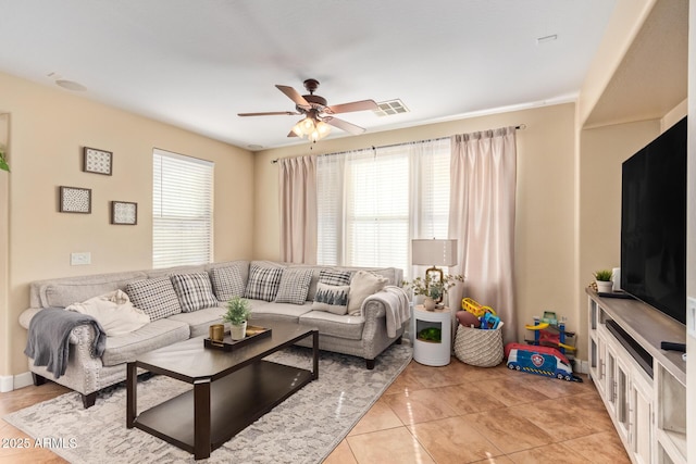 living area featuring visible vents and ceiling fan